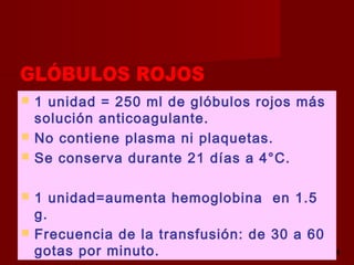 octubre 2,012 lic.Esp. Florentina Morales Damián Docente: UNMSM13
 1 unidad = 250 ml de glóbulos rojos más
solución anticoagulante.
 No contiene plasma ni plaquetas.
 Se conserva durante 21 días a 4°C.
 1 unidad=aumenta hemoglobina en 1.5
g.
 Frecuencia de la transfusión: de 30 a 60
gotas por minuto.
 