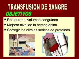 octubre 2,012 lic.Esp. Florentina Morales Damián Docente: UNMSM3
 Restaurar el volumen sanguíneo
 Mejorar nivel de la hemoglobina.
 Corregir los niveles séricos de proteínas
 