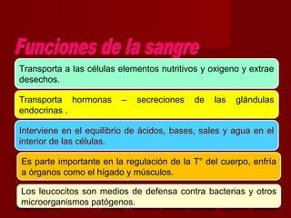 octubre 2,012 lic.Esp. Florentina Morales Damián Docente: UNMSM8
Transporta a las células elementos nutritivos y oxigeno y extrae
desechos.
Transporta hormonas – secreciones de las glándulas
endocrinas .
Interviene en el equilibrio de ácidos, bases, sales y agua en el
interior de las células.
Es parte importante en la regulación de la T° del cuerpo, enfría
a órganos como el hígado y músculos.
Los leucocitos son medios de defensa contra bacterias y otros
microorganismos patógenos.
 