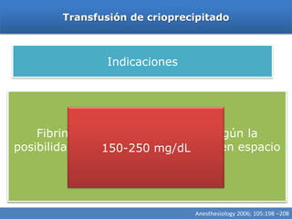 Transfusión de crioprecipitado



                Indicaciones




 Fibrinogeno <80-100 mg/dL en presencia de
    Fibrinogeno <100-150 mg/dL según la
            sangrado microvascular
posibilidad de sangrado o sangrado niveles de
 Transfusión masiva, sangrado, sin en espacio
                150-250 mg/dL
                  fibrinógeno
                   confinado
    Deficiencias congénitas de fibrinógeno


                               Anesthesiology 2006; 105:198 –208
 