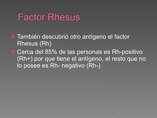 También descubrió otro antígeno el factor Rhesus (Rh) Cerca del 85% de las personas es Rh-positivo (Rh+) por que tiene el antígeno, el resto que no lo posee es Rh- negativo (Rh-) 