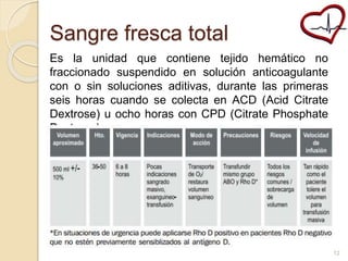 Sangre fresca total 
Es la unidad que contiene tejido hemático no 
fraccionado suspendido en solución anticoagulante 
con o sin soluciones aditivas, durante las primeras 
seis horas cuando se colecta en ACD (Acid Citrate 
Dextrose) u ocho horas con CPD (Citrate Phosphate 
Dextrose). 
12 
 
