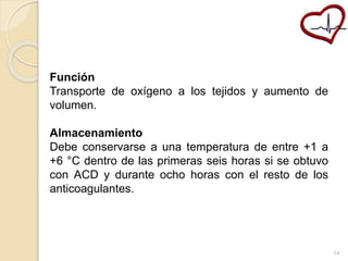 Función 
Transporte de oxígeno a los tejidos y aumento de 
volumen. 
Almacenamiento 
Debe conservarse a una temperatura de entre +1 a 
+6 °C dentro de las primeras seis horas si se obtuvo 
con ACD y durante ocho horas con el resto de los 
anticoagulantes. 
14 
 