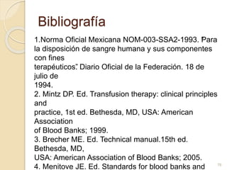 Bibliografía 
1.Norma Oficial Mexicana NOM-003-SSA2-1993. “Para 
la disposición de sangre humana y sus componentes 
con fines 
terapéuticos”. Diario Oficial de la Federación. 18 de 
julio de 
1994. 
2. Mintz DP. Ed. Transfusion therapy: clinical principles 
and 
practice, 1st ed. Bethesda, MD, USA: American 
Association 
of Blood Banks; 1999. 
3. Brecher ME. Ed. Technical manual.15th ed. 
Bethesda, MD, 
USA: American Association of Blood Banks; 2005. 
4. Menitove JE. Ed. Standards for blood banks and 
76 
 
