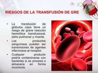 RIESGOS DE LA TRANSFUSIÓN DE GRE
• La transfusión de
glóbulos rojos tiene un
riesgo de grave reacción
hemolítica transfusional,
daño pulmonar y muerte.
• Los productos
sanguíneos pueden ser
transmisores de agentes
infecciosos al receptor.
• Cualquier producto
podría contaminarse con
bacterias si se procesa o
almacena en forma
incorrecta.
 