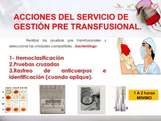 ACCIONES DEL SERVICIO DE
GESTIÓN PRE TRANSFUSIONAL.
1 A 2 horas
MINIMO
 