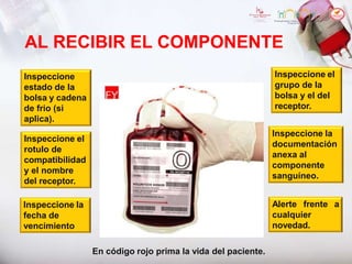 AL RECIBIR EL COMPONENTE
Inspeccione
estado de la
bolsa y cadena
de frio (si
aplica).
Inspeccione el
rotulo de
compatibilidad
y el nombre
del receptor.
Inspeccione la
fecha de
vencimiento
Inspeccione el
grupo de la
bolsa y el del
receptor.
Inspeccione la
documentación
anexa al
componente
sanguíneo.
Alerte frente a
cualquier
novedad.
En código rojo prima la vida del paciente.
 