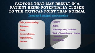 FACTORS THAT MAY RESULT IN A
PATIENT BEING POTENTIALLY CLOSER
TO THE CRITICAL POINT THAN NORMAL
Pain, stress, anxiety.
Shivering.
Fever.
Severe infection.
Sepsis/(SIRS).
Trauma
Surgery.
Burns.
Adrenergic drug infusions.
Work of breathing e.g., during
weaning.
Convulsions.
Increased oxygen consumption
 