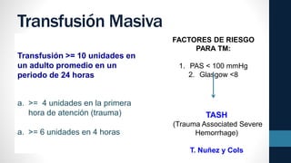 Transfusión Masiva
Transfusión >= 10 unidades en
un adulto promedio en un
periodo de 24 horas
a. >= 4 unidades en la primera
hora de atención (trauma)
a. >= 6 unidades en 4 horas
FACTORES DE RIESGO
PARA TM:
1. PAS < 100 mmHg
2. Glasgow <8
TASH
(Trauma Associated Severe
Hemorrhage)
T. Nuñez y Cols
 