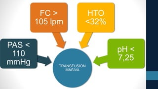 TRANSFUSION
MASIVA
PAS <
110
mmHg
FC >
105 lpm
HTO
<32%
pH <
7,25
 