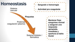 Homeostasis
Sistema
vascular
Plaquetas
Proteínas
coagulación (plasma)
Sistema inhibidor /
fibrinolitico
- Sangrado o hemorragia
- Actividad pro coagulante
Mantener flujo
sanguíneo normal
y asegurar una
respuesta
apropiada,
inmediata y
oportuna al daño
tisular
 