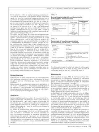 ORTIZ P, ET AL. GUÍA SOBRE LA TRANSFUSIÓN DE COMPONENTES SANGUÍNEOS
43 Med Clin (Barc). 2005;125(10):389-96 391
En los lactantes y niños en edad preescolar y escolar hay in-
dicación de transfundir si se produce pérdida sanguínea
aguda con síntomas clínicos de hipoxia persistentes tras la
corrección de la hipovolemia con cristaloides/coloides; si en
el preoperatorio se detecta una Hb < 8 g/dl en cirugía ur-
gente o que no puede corregirse con tratamiento específico;
en situaciones de postoperatorio con Hb < 8 g/dl y clínica
de anemia; si el valor de Hb < 12 g/dl y hay enfermedad
cardiopulmonar grave que precisa ventilación mecánica y/o
oxígeno suplementario con FiO2 ≥ 0,4 y si la Hb < 10 g/dl y
hay enfermedad cardiopulmonar moderada que precisa oxí-
geno suplementario con FiO2 < 0,4.
Por último, hay que tener en cuenta las recomendaciones
específicas en los niños con anemias drepanocíticas homo-
cigotas. Conviene situarlos con Hb preoperatoria de 10-13
g/dl y una tasa de Hb S que no sea superior al 30-40%, ga-
rantizando, además, una adecuada hidratación, oxigenación
y mantenimiento de temperatura corporal. En caso de ciru-
gía cardiovascular, neurocirugía, cirugía ortopédica y acci-
dentes cerebrovasculares isquémicos es deseable mantener
la Hb en el intervalo superior de los valores descritos y la
tasa de HbS incluso por debajo del 30%. En el caso de in-
tervención quirúrgica, la obtención de estos valores puede
efectuarse mediante transfusiones programadas durante las
2-4 semanas previas. Si se precisa una preparación rápida
por indicación quirúrgica urgente o ictus isquémico puede
recurrirse a una eritroféresis o, en su defecto, a una exan-
guinotransfusión de un volumen. En crisis vasooclusivas
graves (pulmonares, hepáticas, esplénicas) o en las que no
responden al tratamiento médico (hiperhidratación, analge-
sia) puede estar indicada la transfusión, aunque debe indi-
vidualizarse la prescripción. Los pacientes con rasgo drepa-
nocítico no suelen requerir medidas especiales salvo en
determinados casos que se intervengan con circulación ex-
tracorpórea o cirugía ortopédica con isquemia.
Contraindicaciones
La transfusión no debe usarse en caso de anemias tratables
con productos específicos (hierro, eritropoyetina y otros),
excepto en anemias sintomáticas que requieran tratamiento
inmediato7
.
La transfusión de hematíes como expansores plasmáticos, o
de manera «profiláctica», o para mejorar el estado general
del paciente, o como sustitutos del tratamiento específico
de cada anemia, son situaciones en las que se está hacien-
do un uso inapropiado de los glóbulos rojos.
Dosificación
Cada unidad de sangre completa o de concentrado de he-
matíes contiene Hb suficiente para elevar, como media, la
Hb del paciente en 1 g/dl o en 3 puntos el porcentaje del
hematocrito, que en los pacientes adultos normovolémicos
puede valorarse realizando un control de las concentracio-
nes de Hb/hematocrito a partir de los 15 min de finalizar la
transfusión (tabla 3).
En adultos se administrará la dosis mínima, necesaria para
eliminar la sintomatología, hemos de huir del concepto clá-
sico: una dosis = 2 unidades. En muchas ocasiones, un
solo concentrado de hematíes es suficiente para aliviar la
sintomatología del paciente y proseguir con el tratamiento
etiológico. En pacientes de edad avanzada o con problemas
cardiovasculares es aconsejable no transfundir más de una
unidad de manera sucesiva o incluso transfundir fracciones
de ella5,9
.
En niños variará según la edad y la situación clínica, pero
en general la dosis es de 10 a 20 ml/kg, salvo en caso de
hemorragia aguda en que será > 20 ml /kg (tabla 3).
Administración
Debe respetarse el grupo ABO, de manera que haya com-
patibilidad entre los hematíes del donante y los anticuerpos
circulantes del receptor. Excepto en casos de extrema ur-
gencia, se requiere la realización de pruebas de compatibili-
dad serológica entre donante y receptor10,11
.
Antes de iniciar la transfusión se verificará la correcta identi-
ficación y correspondencia del receptor y la unidad que se
va a administrar. Además, se recomienda recomprobar el
grupo ABO del paciente mediante una nueva muestra de
sangre extraída en la cabecera del receptor 1
.
La transfusión se iniciará lentamente, a un ritmo de 10 go-
tas/min, vigilando la aparición de posibles efectos adversos
durante los primeros 5 a 10 min. La velocidad de infusión
se mantendrá, posteriormente, a la velocidad que tolere la
situación cardiovascular del paciente. Habitualmente, para
un adulto sin disfunciones cardiovasculares, una unidad de
concentrado de hematíes se transfundirá en 1 o 2 h. Dado
que para la mayoría de los equipos de transfusión la equiva-
lencia se sitúa aproximadamente en 15 gotas/1 ml, ello su-
pone un ritmo de infusión de 30 a 60 gotas/min.
Se ha de evitar el alargamiento del tiempo de transfusión, a
excepción de pacientes con insuficiencia cardíaca o con
riesgo de presentarla, cardiópatas, pacientes oligoanúricos,
personas de edad avanzada y en casos de anemia intensa.
En estos casos será necesario disminuir el ritmo de infusión
y, en cualquier caso, el tiempo de transfusión nunca exce-
derá las 6 h, y se puede requerir, para evitarlo, el fracciona-
miento de las unidades por medio de circuito cerrado estéril
para asegurar así la correcta conservación (tabla 3).
TABLA 2
Anemia en pacientes pediátricos: concentración
de hemoglobina mínima requerida
Período neonatal
Lactante preescolar
y escolar
Cirugía mayor 10 g/dl 8 g/dl
Enfermedad cardiopulmonar 13 g/dl 12 g/dl
grave
Enfermedad cardiopulmonar 10 g/dl 10 g/dl
moderada
Anemia sintomática 8 g/dl 8 g/dl
(10 g/dl en la
primera semana
de vida)
TABLA 3
Concentrado de hematíes: características
de conservación, dosificación y transfusión
Volumen 200-300 ml
Conservación
Temperatura: 1-6 °C
Tiempo: 35-42 días
Dosificación
Adulto: La dosis mínima para corregir la sintomatología
1 concentrado de hematíes eleva 1 g/dl la Hb
Niño: 10-20 ml/kg
En hemorragia aguda > 20 ml/kg
Duración de la transfusión 60-120 minutos (sin disfunción cardiovascular)
Nunca > 6 h
Ritmo de transfusión 30-60 gotas/min
Hb: hemoglobina.
09 389-396 CON 29141 16/9/05 10:43 Página 391
Documento descargado de http://www.elsevier.es el 21/06/2015. Copia para uso personal, se prohíbe la transmisión de este documento por cualquier medio o formato.
 