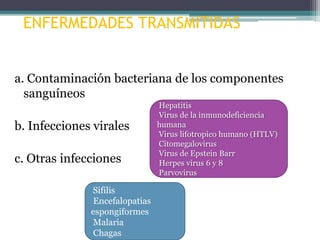 ENFERMEDADES TRANSMITIDAS
a. Contaminación bacteriana de los componentes
sanguíneos
b. Infecciones virales
c. Otras infecciones
Sifilis
Encefalopatias
espongiformes
Malaria
Chagas

Hepatitis
Virus de la inmunodeficiencia
humana
Virus lifotropico humano (HTLV)
Citomegalovirus
Virus de Epstein Barr
Herpes virus 6 y 8
Parvovirus

 