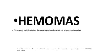 •HEMOMAS
• Documento multidisciplinar de consenso sobre el manejo de la hemorragia masiva
Llau, J. V., Acosta. F. J. et al. Documento multidisciplinar de consenso sobre el manejo de la hemorragia masiva (documentos HEMOMAS).
(2015). Elsevier
 