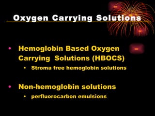 Oxygen Carrying Solutions Hemoglobin Based Oxygen Carrying  Solutions (HBOCS) Stroma free hemoglobin solutions Non-hemoglobin solutions perfluorocarbon emulsions  