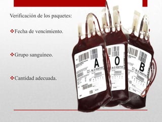 Verificación de los paquetes:

Fecha de vencimiento.



Grupo sanguíneo.



Cantidad adecuada.
 