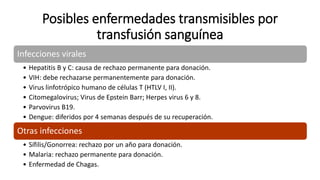 Posibles enfermedades transmisibles por
transfusión sanguínea
Infecciones virales
• Hepatitis B y C: causa de rechazo permanente para donación.
• VIH: debe rechazarse permanentemente para donación.
• Virus linfotrópico humano de células T (HTLV I, II).
• Citomegalovirus; Virus de Epstein Barr; Herpes virus 6 y 8.
• Parvovirus B19.
• Dengue: diferidos por 4 semanas después de su recuperación.
Otras infecciones
• Sífilis/Gonorrea: rechazo por un año para donación.
• Malaria: rechazo permanente para donación.
• Enfermedad de Chagas.
 