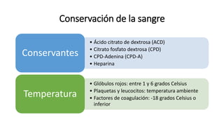 Conservación de la sangre
• Ácido citrato de dextrosa (ACD)
• Citrato fosfato dextrosa (CPD)
• CPD-Adenina (CPD-A)
• Heparina
Conservantes
• Glóbulos rojos: entre 1 y 6 grados Celsius
• Plaquetas y leucocitos: temperatura ambiente
• Factores de coagulación: -18 grados Celsius o
inferior
Temperatura
 