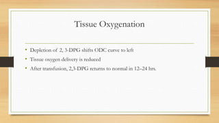 Tissue Oxygenation
• Depletion of 2, 3-DPG shifts ODC curve to left
• Tissue oxygen delivery is reduced
• After transfusion, 2,3-DPG returns to normal in 12–24 hrs.
 