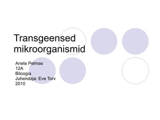 Transgeensed mikroorganismid Anete Pelmas 12A Biloogia Juhendaja: Eve Torv 2010 