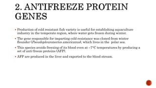  Production of cold resistant fish variety is useful for establishing aquaculture
industry in the temperate region, where water gets frozen during winter.
 The gene responsible for imparting cold resistance was cloned from winter
flounder (Pseudopleuronectes americanus), which lives in the polar sea.
 This species avoids freezing of its blood even at –7C temperatures by producing a
set of anti-freeze proteins (AFP).
 AFP are produced in the liver and exported to the blood stream.
 