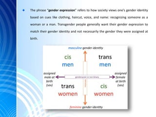 The phrase “gender expression” refers to how society views one's gender identity
based on cues like clothing, haircut, voi...
