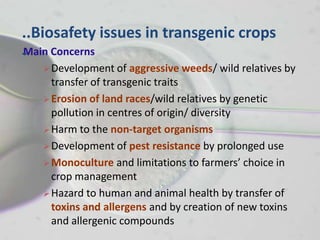 ..Biosafety issues in transgenic crops
- Concerns
Main
    Development of    aggressive weeds/ wild relatives by
     transfer of transgenic traits
    Erosion of land races/wild relatives by genetic
     pollution in centres of origin/ diversity
    Harm to the non-target organisms
    Development of pest resistance by prolonged use
    Monoculture and limitations to farmers’ choice in
     crop management
    Hazard to human and animal health by transfer of
     toxins and allergens and by creation of new toxins
     and allergenic compounds
 