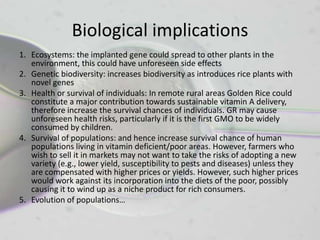 Biological implications
1. Ecosystems: the implanted gene could spread to other plants in the
   environment, this could have unforeseen side effects
2. Genetic biodiversity: increases biodiversity as introduces rice plants with
   novel genes
3. Health or survival of individuals: In remote rural areas Golden Rice could
   constitute a major contribution towards sustainable vitamin A delivery,
   therefore increase the survival chances of individuals. GR may cause
   unforeseen health risks, particularly if it is the first GMO to be widely
   consumed by children.
4. Survival of populations: and hence increase survival chance of human
   populations living in vitamin deficient/poor areas. However, farmers who
   wish to sell it in markets may not want to take the risks of adopting a new
   variety (e.g., lower yield, susceptibility to pests and diseases) unless they
   are compensated with higher prices or yields. However, such higher prices
   would work against its incorporation into the diets of the poor, possibly
   causing it to wind up as a niche product for rich consumers.
5. Evolution of populations…
 