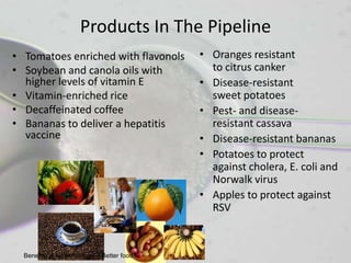 Products In The Pipeline
• Tomatoes enriched with flavonols          • Oranges resistant
• Soybean and canola oils with                to citrus canker
  higher levels of vitamin E                • Disease-resistant
• Vitamin-enriched rice                       sweet potatoes
• Decaffeinated coffee                      • Pest- and disease-
• Bananas to deliver a hepatitis              resistant cassava
  vaccine                                   • Disease-resistant bananas
                                            • Potatoes to protect
                                              against cholera, E. coli and
                                              Norwalk virus
                                            • Apples to protect against
                                              RSV


  Benefits of biotechnology – Better food
 