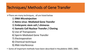 Techniques/ Methods of Gene Transfer
There are many techniques, all are listed below
1) DNA Microinjection
2) Retro virus- Mediated Gene Transfer
3) Embryonic stem cell / chimeras
4) Somatic Cell Nuclear Transfer / Cloning
5) Use of Transposons
6) Sperm Mediated Gene Transfer
7) Electroporation
8) Chemical technique
9) RNA Interference
• Some of important methods have been described in Houdebine 2003, 2005.
 