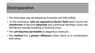 Electroporation
• This technique was developed by Puchalski and Fahl (1992).
• In this technique, cells are exposed to electric field which causes the
membranes to become polarized and a potential develops across the
membrane thereby breaking at localized areas .
• The cell becomes permeable to exogenous molecule.
• The method has a greater efficiency either alone or in combination
with other.
 