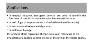 Applications
• In medical research, transgenic animals are used to identify the
functions of specific factors in complex homeostatic systems.
• In toxicology: as responsive test animals (detection of toxicants);
• In mammalian developmental genetics;
• In molecular biology:
the analysis of the regulation of gene expression makes use of the
evaluation of a specific genetic change at the level of the whole animal.
 
