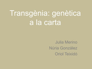 Transgènia: genètica
     a la carta

              Julia Merino
           Núria González
             Oriol Teixidó
 
