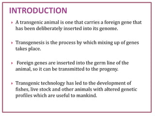  A transgenic animal is one that carries a foreign gene that
has been deliberately inserted into its genome.
 Transgenesis is the process by which mixing up of genes
takes place.
 Foreign genes are inserted into the germ line of the
animal, so it can be transmitted to the progeny.
 Transgenic technology has led to the development of
fishes, live stock and other animals with altered genetic
profiles which are useful to mankind.
 