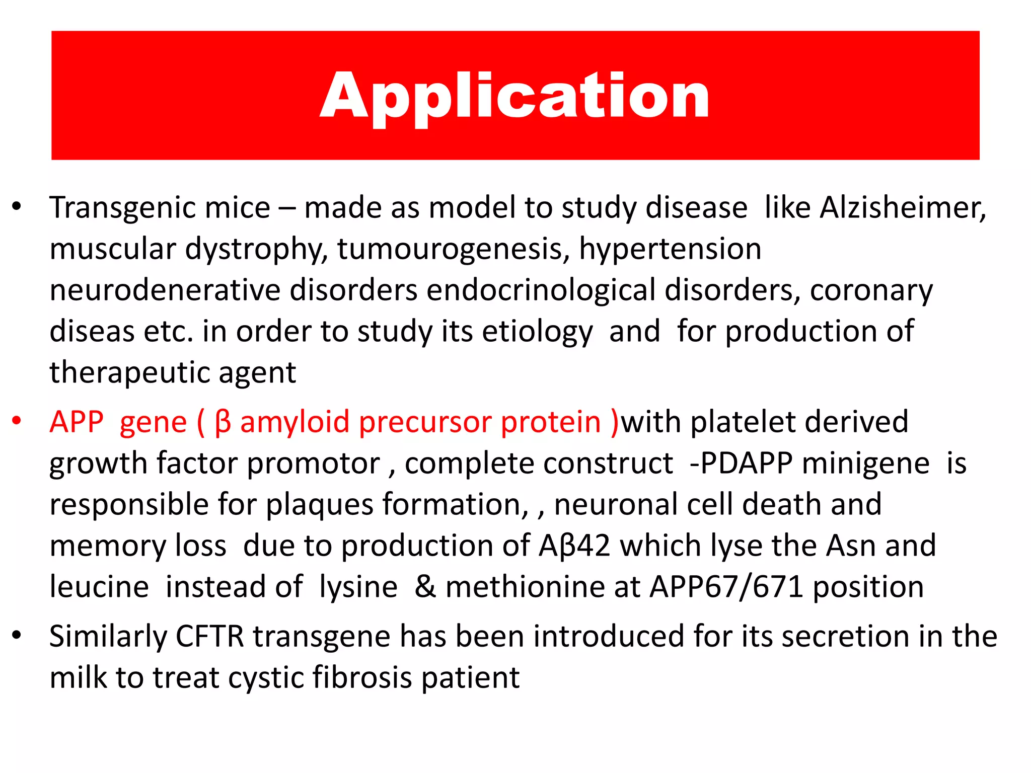 Application
• Transgenic mice – made as model to study disease like Alzisheimer,
muscular dystrophy, tumourogenesis, hypertension
neurodenerative disorders endocrinological disorders, coronary
diseas etc. in order to study its etiology and for production of
therapeutic agent
• APP gene ( β amyloid precursor protein )with platelet derived
growth factor promotor , complete construct -PDAPP minigene is
responsible for plaques formation, , neuronal cell death and
memory loss due to production of Aβ42 which lyse the Asn and
leucine instead of lysine & methionine at APP67/671 position
• Similarly CFTR transgene has been introduced for its secretion in the
milk to treat cystic fibrosis patient
 
