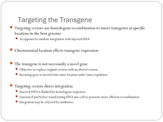 Targeting the Transgene
 Targeting vectors use homologous recombination to insert transgenes at specific

locations in the host genome
 As opposed to random integration with injected DNA

 Chromosomal location effects transgene expression
 The transgene is not necessarily a novel gene
 Objective to replace original version with an altered version
 Incoming gene is inserted into same location under same regulation

 Targeting vectors direct integration
 Inserted DNA is flanked by homologous sequences
 Linearized just before transforming DNA into cell to promote more efficient recombination
 Integration may be selected by antibiotics

19

 