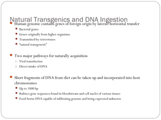 Natural Transgenicsforeign origin by lateral/horizontal transfer
and DNA Ingestion
 Human genome contains genes of
 Bacterial genes
 Genes originally from higher organisms
 Transmitted by retroviruses
 “natural transgenesis”

 Two major pathways for naturally acquisition
1. Viral transduction
2. Direct intake of DNA

 Short fragments of DNA from diet can be taken up and incorporated into host

chromosomes
 Up to 1000 bp
 Rubisco gene sequences found in bloodstream and cell nuclei of various tissues
 Food-borne DNA capable of infiltrating genome and being expressed unknown

41

 