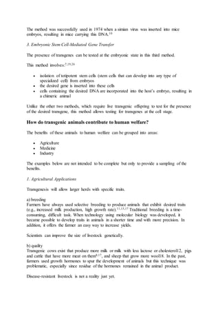 The method was successfully used in 1974 when a simian virus was inserted into mice 
embryos, resulting in mice carrying this DNA.10 
3. Embryonic Stem Cell-Mediated Gene Transfer 
The presence of transgenes can be tested at the embryonic state in this third method. 
This method involves:7,19,26 
 isolation of totipotent stem cells (stem cells that can develop into any type of 
specialized cell) from embryos 
 the desired gene is inserted into these cells 
 cells containing the desired DNA are incorporated into the host’s embryo, resulting in 
a chimeric animal 
Unlike the other two methods, which require live transgenic offspring to test for the presence 
of the desired transgene, this method allows testing for transgenes at the cell stage. 
How do transgenic animals contribute to human welfare? 
The benefits of these animals to human welfare can be grouped into areas: 
 Agriculture 
 Medicine 
 Industry 
The examples below are not intended to be complete but only to provide a sampling of the 
benefits. 
1. Agricultural Applications 
Transgenesis will allow larger herds with specific traits. 
a) breeding 
Farmers have always used selective breeding to produce animals that exhibit desired traits 
(e.g., increased milk production, high growth rate).11,15,17 Traditional breeding is a time-consuming, 
difficult task. When technology using molecular biology was developed, it 
became possible to develop traits in animals in a shorter time and with more precision. In 
addition, it offers the farmer an easy way to increase yields. 
Scientists can improve the size of livestock genetically. 
b) quality 
Transgenic cows exist that produce more milk or milk with less lactose or cholesterol12, pigs 
and cattle that have more meat on them8,17, and sheep that grow more wool18. In the past, 
farmers used growth hormones to spur the development of animals but this technique was 
problematic, especially since residue of the hormones remained in the animal product. 
Disease-resistant livestock is not a reality just yet. 
 