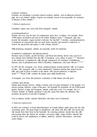 c) disease resistance 
Scientists are attempting to produce disease-resistant animals, such as influenza-resistant 
pigs, but a very limited number of genes are currently known to be responsible for resistance 
to diseases in farm animals.19 
2. Medical Applications 
Transplant organs may soon come from transgenic animals. 
a) xenotransplantation 
Patients die every year for lack of a replacement heart, liver, or kidney. For example, about 
5,000 organs are needed each year in the United Kingdom alone.25 Transgenic pigs may 
provide the transplant organs needed to alleviate the shortfall.9 Currently, xenotransplantation 
is hampered by a pig protein that can cause donor rejection but research is underway to 
remove the pig protein and replace it with a human protein.25 
Milk-producing transgenic animals are especially useful for medicines. 
b) nutritional supplements and pharmaceuticals 
Products such as insulin, growth hormone, and blood anti-clotting factors may soon be or 
have already been obtained from the milk of transgenic cows, sheep, or goats.3,12,23 Research 
is also underway to manufacture milk through transgenesis for treatment of debilitating 
diseases such as phenylketonuria (PKU), hereditary emphysema, and cystic fibrosis.3,13,23,25 
In 1997, the first transgenic cow, Rosie, produced human protein-enriched milk at 2.4 grams 
per litre. This transgenic milk is a more nutritionally balanced product than natural bovine 
milk and could be given to babies or the elderly with special nutritional or digestive 
needs.4,21,23 Rosie’s milk contains the human gene alpha-lactalbumin. 
A transgenic cow exists that produces a substance to help human red cells grow. 
c) human gene therapy 
Human gene therapy involves adding a normal copy of a gene (transgene) to the genome of a 
person carrying defective copies of the gene. The potential for treatments for the 5,000 named 
genetic diseases is huge and transgenic animals could play a role. For example, the A. I. 
Virtanen Institute in Finland produced a calf with a gene that makes the substance that 
promotes the growth of red cells in humans.24 
Uses in industry include material fabrication and safety tests of chemicals. 
3. Industrial Applications 
In 2001, two scientists at Nexia Biotechnologies in Canada spliced spider genes into the cells 
of lactating goats. The goats began to manufacture silk along with their milk and secrete tiny 
silk strands from their body by the bucketful. By extracting polymer strands from the milk 
and weaving them into thread, the scientists can create a light, tough, flexible material that 
could be used in such applications as military uniforms, medical microsutures, and tennis 
racket strings.1 
 