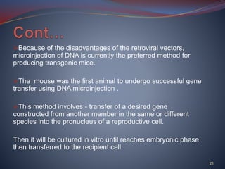 Because of the disadvantages of the retroviral vectors,
microinjection of DNA is currently the preferred method for
producing transgenic mice.
The mouse was the first animal to undergo successful gene
transfer using DNA microinjection .
This method involves:- transfer of a desired gene
constructed from another member in the same or different
species into the pronucleus of a reproductive cell.
Then it will be cultured in vitro until reaches embryonic phase
then transferred to the recipient cell.
21
 