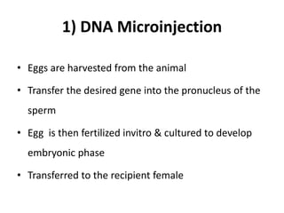 1) DNA Microinjection
• Eggs are harvested from the animal
• Transfer the desired gene into the pronucleus of the
sperm
• Egg is then fertilized invitro & cultured to develop
embryonic phase
• Transferred to the recipient female
 