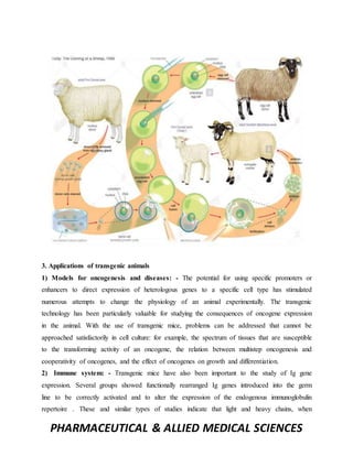 PHARMACEUTICAL & ALLIED MEDICAL SCIENCES
3. Applications of transgenic animals
1) Models for oncogenesis and diseases: - The potential for using specific promoters or
enhancers to direct expression of heterologous genes to a specific cell type has stimulated
numerous attempts to change the physiology of an animal experimentally. The transgenic
technology has been particularly valuable for studying the consequences of oncogene expression
in the animal. With the use of transgenic mice, problems can be addressed that cannot be
approached satisfactorily in cell culture: for example, the spectrum of tissues that are susceptible
to the transforming activity of an oncogene, the relation between multistep oncogenesis and
cooperativity of oncogenes, and the effect of oncogenes on growth and differentiation.
2) Immune system: - Transgenic mice have also been important to the study of Ig gene
expression. Several groups showed functionally rearranged Ig genes introduced into the germ
line to be correctly activated and to alter the expression of the endogenous immunoglobulin
repertoire . These and similar types of studies indicate that light and heavy chains, when
 