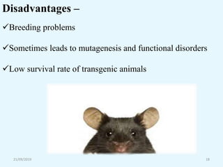 21/09/2019 18
Disadvantages –
Breeding problems
Sometimes leads to mutagenesis and functional disorders
Low survival rate of transgenic animals
 