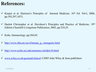 21/09/2019 21
 Kasper et al. Harrison’s Principles of Internal Medicine. 16th Ed. Vol-I, 2006,
pp.392,597,1073.
 Haslett Christopher et al. Davidson’s Principles and Practice of Medicine. 19th
Edition Churchill Livingstone Publication, 2003, pp.524,25.
 Kobe. Immunology. pp.584,85.
 http://www.itba.mi.cnr.it/human_g...transgenic.html
 http://www.ucihs.uci.edu/anatomy/calofpix1b.html
 www.wiley.co.uk/genmed/clinical ©2003 John Wiley & Sons publishers
References:
 