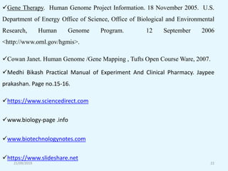 21/09/2019 22
Gene Therapy. Human Genome Project Information. 18 November 2005. U.S.
Department of Energy Office of Science, Office of Biological and Environmental
Research, Human Genome Program. 12 September 2006
<http://www.ornl.gov/hgmis>.
Cowan Janet. Human Genome /Gene Mapping , Tufts Open Course Ware, 2007.
Medhi Bikash Practical Manual of Experiment And Clinical Pharmacy. Jaypee
prakashan. Page no.15-16.
https://www.sciencedirect.com
www.biology-page .info
www.biotechnologynotes.com
https://www.slideshare.net
 