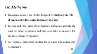  Transgenic animals are mostly designed for studying the role
of genes in the development of many diseases
 To cure and relief from these diseases, transgenic animals are
used for model organisms and they also helps in research for
the development of medicine
 For example, transgenic models for diseases like cancer and
Alzheimer’s
In: Medicine
18
 