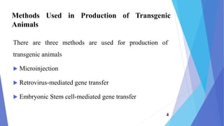 There are three methods are used for production of
transgenic animals
 Microinjection
 Retrovirus-mediated gene transfer
 Embryonic Stem cell-mediated gene transfer
Methods Used in Production of Transgenic
Animals
4
 
