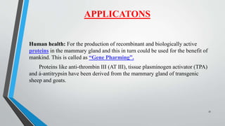 APPLICATONS
Human health: For the production of recombinant and biologically active
proteins in the mammary gland and this in turn could be used for the benefit of
mankind. This is called as “Gene Pharming”.
Proteins like anti-thrombin III (AT III), tissue plasminogen activator (TPA)
and á-antitrypsin have been derived from the mammary gland of transgenic
sheep and goats.
33
 