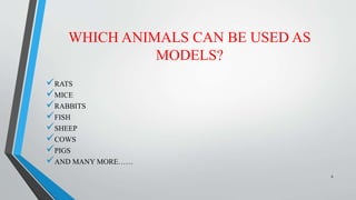 WHICH ANIMALS CAN BE USED AS
MODELS?
RATS
MICE
RABBITS
FISH
SHEEP
COWS
PIGS
AND MANY MORE……
6
 
