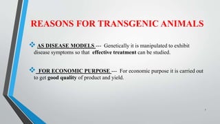 REASONS FOR TRANSGENIC ANIMALS
 AS DISEASE MODELS --- Genetically it is manipulated to exhibit
disease symptoms so that effective treatment can be studied.
 FOR ECONOMIC PURPOSE --- For economic purpose it is carried out
to get good quality of product and yield.
7
 